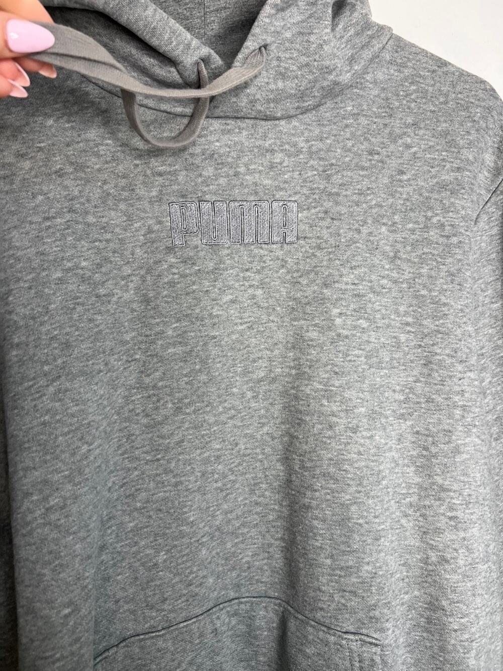 PUMA Hoodie Mens M Gray Logo Fleece Pullover Hooded Pockets Sweatshirt